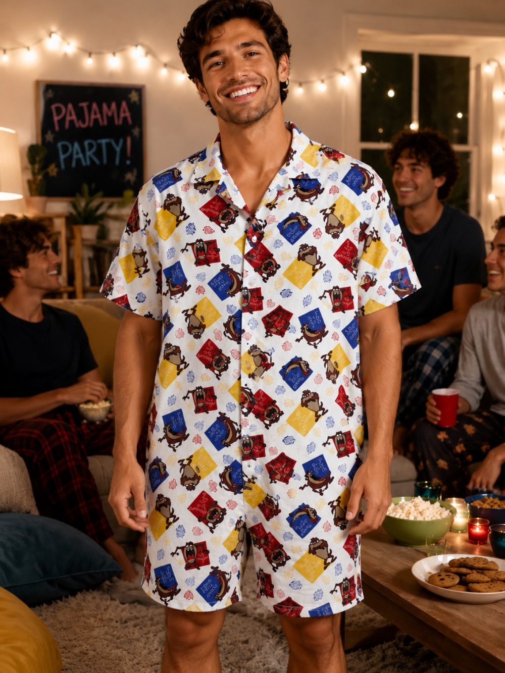 Warner Bros. White Short-Sleeve Button-Front Printed Lounge romper